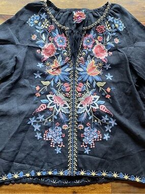 Johnny Was Black Embroidered Floral Blouse with Pink Blue Yellow Accents